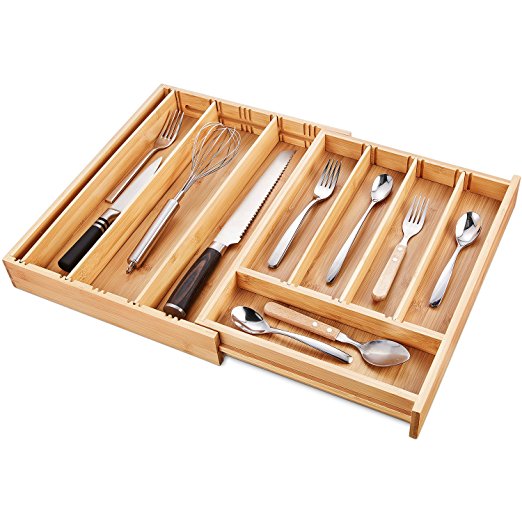 DEIK Bamboo Drawer Organizer, Expandable Cutlery Tray and Utensil Organizers Tray, Adjustable Kitchen Drawer Divider, Flatware and Silverware Cutlery Drawer for Utensil Storage