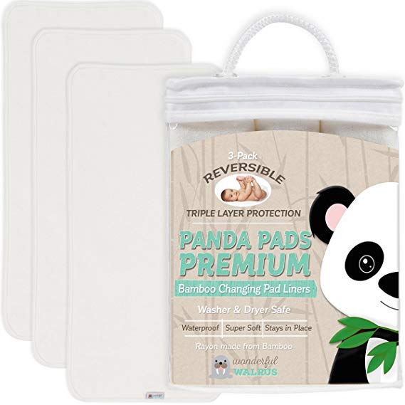 BAMBOO Changing Pad Liners. REVERSIBLE 3-pack. Ultra soft & absorbent 3 layer design to use when changing baby’s nappy. A Waterproof Mat that covers your Diaper or Nappy Changing Table or Pad