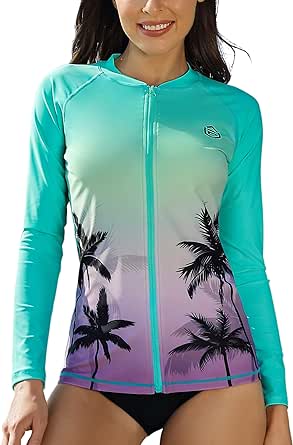 ATTRACO Women's Long Sleeve Rash Guard UV Sun Protection Zipper Gradient Swimsuit Top