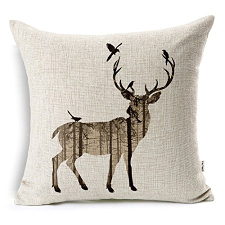 YouYee Square Decorative Cotton Linen Throw Pillow Case Cushion Cover, Elk Pattern, Christmas