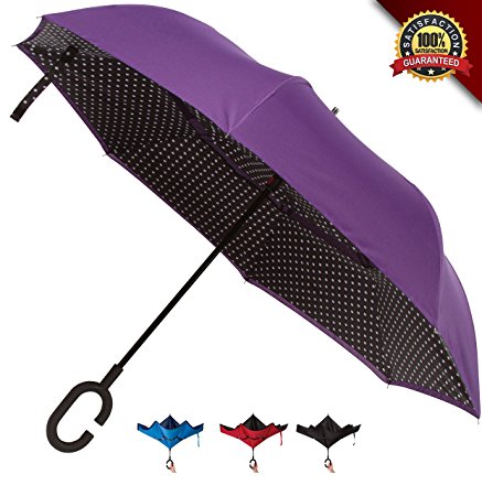 Double Layer Inverted Umbrellas - Windproof Reverse Folding Umbrella for Cars with UV Protection with C-Shaped Handle - Travel for Outdoor Rain & Sun with Carrying Pouch