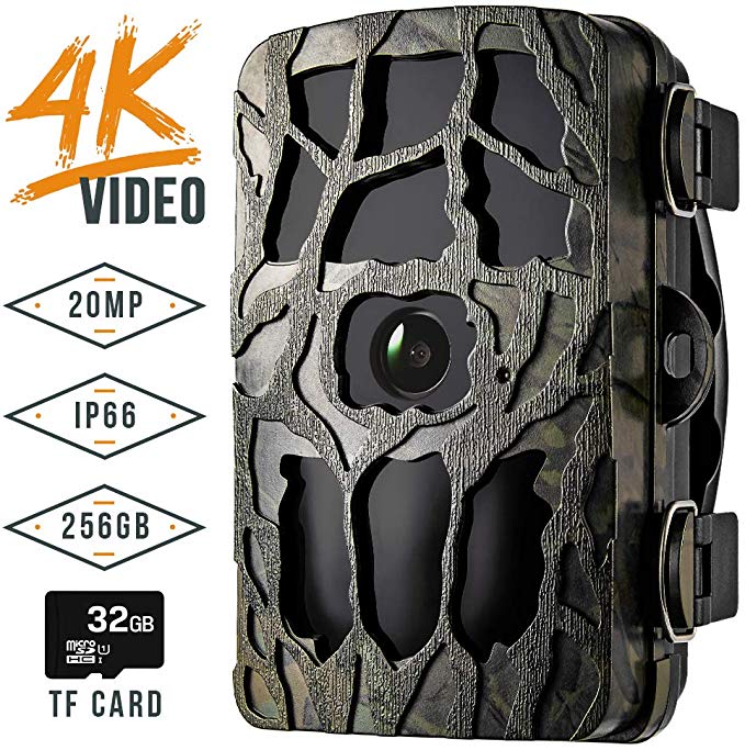 Blusmart Trail Camera, 4K 20MP IP66 Waterproof Game Camera with 20M Night Flash Range, 0.2S Trigger Speed, Supports 256G TF Card, 32GB TF card included, Wildlife Observation & Home Monitoring