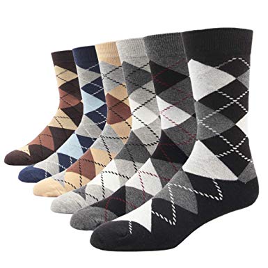 SOXART Men's Dress Socks Big & Tall 6-Pack Argyle Striped Dark Color Classic Style