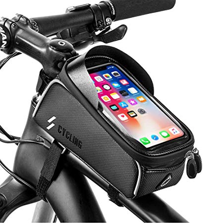 YEHOBU Bike Frame Bag Handlebar Bag Mountain Bicycle Phone Holder Front Frame Bag Waterproof Top Tube Storage Bag Cycling Phone Touch Screen Mount Pack for iPhone 7 8 Plus X XS Below 6.0 inches