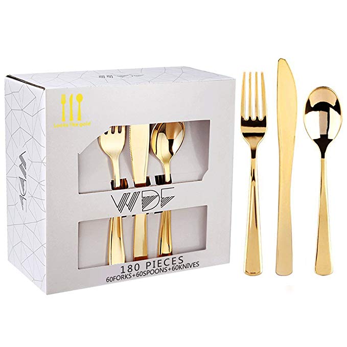 180 Pieces Disposable Plastic Gold Silverware Cutlery, Gold Plastic Flatware 60 Forks, 60 Knives and 60 Spoons -WDF (Gold) (Gold cutlery)