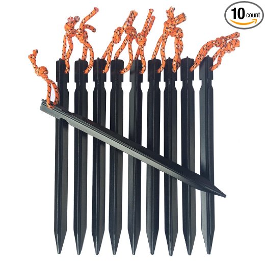 Tripmas Ultralight Aluminum Tent Stakes Rhombic Tent Pegs with Pull Cords & Pouch (Pack of 10)