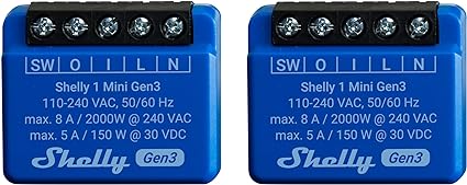 Shelly 1 Mini Gen 3 | WiFi & Bluetooth Smart Switch Relais 1 Kanal 8A | Hausautomation | Kompatibel mit Alexa und Google Home | iOS-Android-App | Kein Hub erforderlich | Trockenkontakte (2er-Pack)