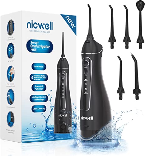 Water Dental Flosser Cordless for Teeth - Nicwell 300ml Dental Oral Irrigator, Portable and Rechargeable IPX7 Waterproof Powerful Battery Life Water Teeth Cleaner Picks for Home Travel