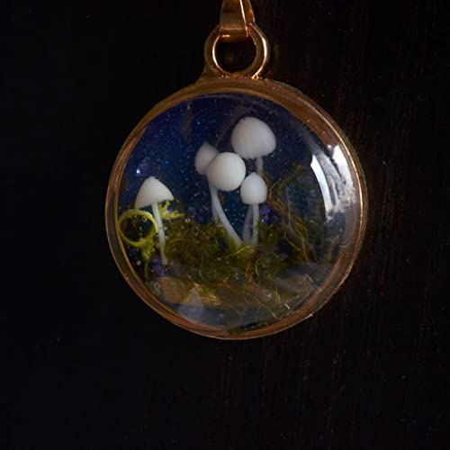 Mushroom 3D Forest Landscape Moss Underbrush Starry Pendant 18k Gold Plated Long Necklace