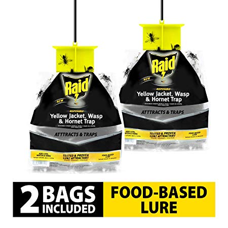 Raid Wasp Trap, Yellow Jacket Trap & Hornet Traps for Outdoors (2-Pack), Hanging Insect Trap, Disposable Wasp, Hornet & Yellow Jacket Traps w/Food-Based Attractants, Effective Yellowjacket Wasp Trap