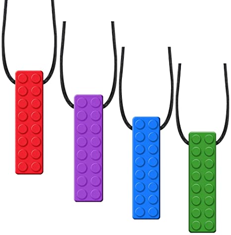 4 Pack Sensory Chewing Necklace for ADHD, Teething, Autism, Biting, Oral Motor Chewy Stick/Tube Toy Jewelry for Boys, Girls, Adults, Toddlers(Blue, Green, Purple,Red) by Accmor