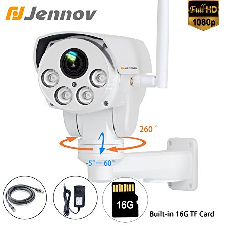 Jennov Full HD 2.0MP 1080P Wifi IP Wireless Security Cameras Outdoor Waterproof Cctv Pan Tilt Zoom PTZ Camera With Built-in 16G Micro SD Card Day Night Vision Mobilephone Remote View