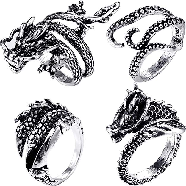 4 Pieces Vintage Punk Rings Octopus Dragon Adjustable Stainless Steel Ring (Dragon Body, Octopus, Dragon Claw, Dragon Head)
