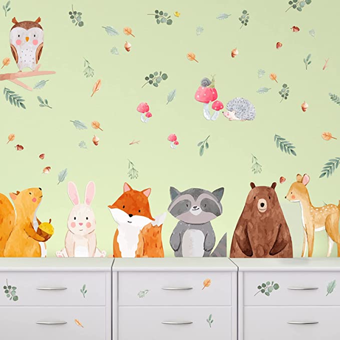 8 Sheet Woodland Animals Wall Decals Forest Animals Wall Stickers Bear Fox Deer Rabbit Jungle Animal Nursery Wall Decor for Kids Bedroom Classroom Baby Shower Birthday Party Supplies