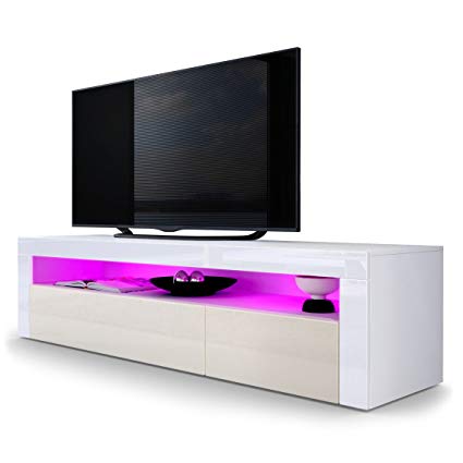 Vladon TV Stand Unit Valencia, Carcass in White matt/Front in Cream High Gloss a frame in White High Gloss