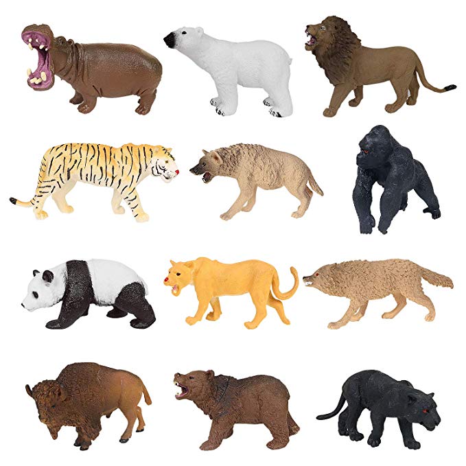 12 Piece Plastic Educational Forest Animals Figures Toy Set for Boys Girls Kids Toddlers include Lions, tiger, gorilla, hippo, panda, panther, polar bear, brown bear, wolf, bison, jackal, liones
