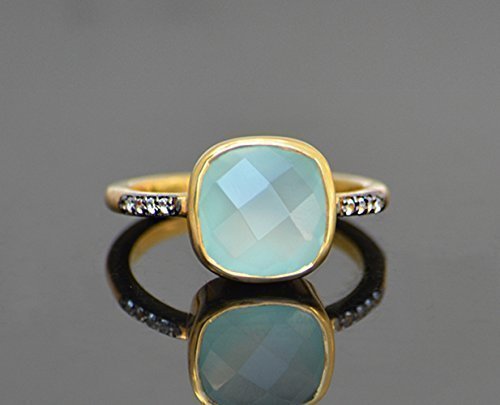 Aqua Chalcedony pave ring, white topaz paved ring, Vermeil Gold or silver, bezel set ring, cushion ring, aqua gemstone ring, March Birthstone ring, Seafoam chalcedony ring, square ring
