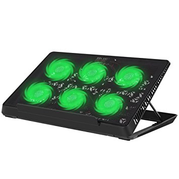 Kootek 12''-15'' Laptop Cooler 6 Ultra Quiet Fans Laptop Cooling Pad with Adjustable Mounts Stand Notebook USB Powered Fan Chill Mat with Green LED Lights