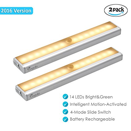 Megulla 14-LED Rechargeable Lithium Battery Operated Indoor Wireless LED Motion Sensor Light for Under Cabinet, Closet, Pantry, Bathroom, Living Room, Hallway, Cupboard, Attic-Warm White, 2Pack