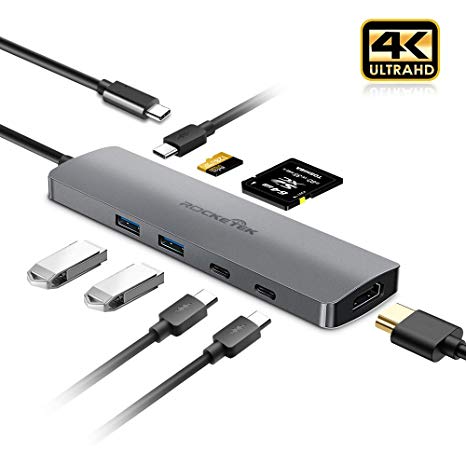 USB C Hub, Rocketek USB C HDMI Adapter 8 in 1 Type C Hub with 4K USB C to HDMI, 3 USB 3.0 Ports, SD TF Card Reader, USB-C Charging Port Compatible for MacBook, iMac, Surface, Chromebook, Galaxy, XPS