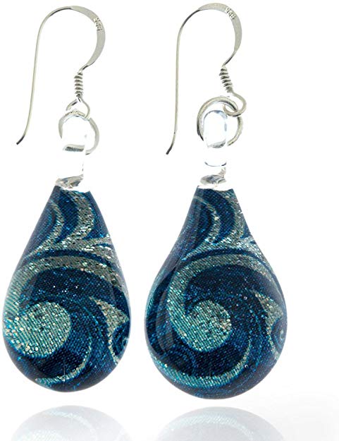 925 Sterling Silver Glass Jewelry Glittery Blue Sea Wave Design Dangle Hook Earrings