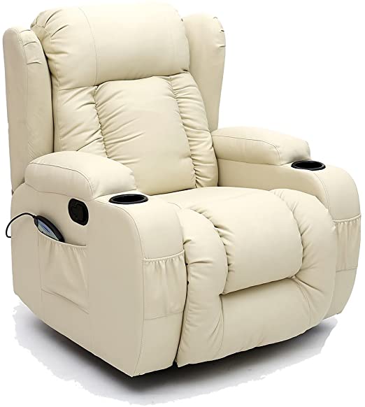 CAESAR 10 IN 1 WINGED RECLINER CHAIR ROCKING MASSAGE SWIVEL HEATED GAMING BONDED LEATHER ARMCHAIR (Cream)