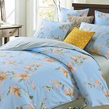 Softta Retro Shabby Floral Luxury Magnolia Flower Pattern Design Bedding Sets Vintage Bohe Chic King Size 3Pcs Duvet Cover Set 100% Egyptian Cotton Bedding Collections Baby Light Blue Background