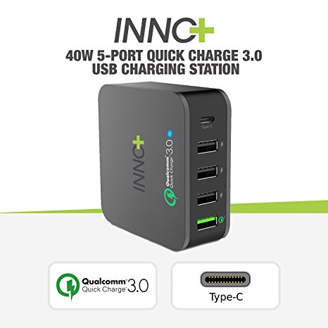 USB Type-C Charger, InnoPlus 5-Port 40W USB Wall Charger   Quick Charge 3.0 & Smart USB Charging Station for Apple iPhone/iPad, Apple MacBook , Samsung S7/S8/S8 , LG G6, Pixel, Nintendo Switch