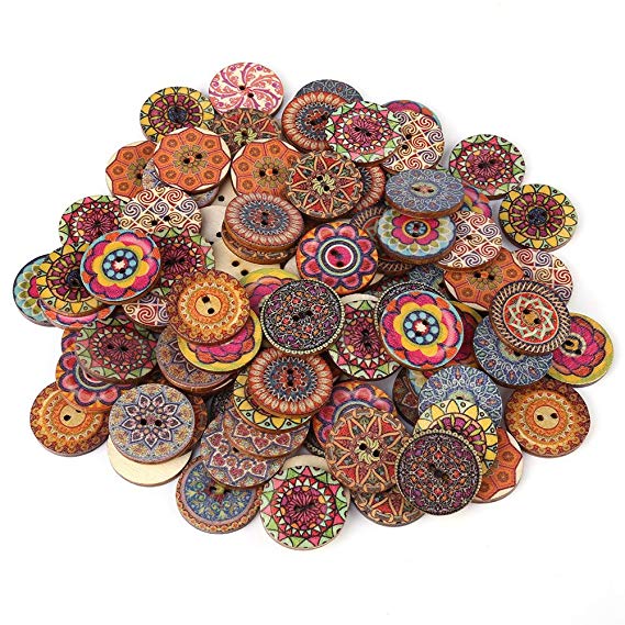 100pcs Wooden Buttons 25mm Round Shape Mixed Buttons Flower Buttons Handmade Sewing Buttons with Love Buttons for Sewing, Crafting, Decoration, DIY, Dress, etc.