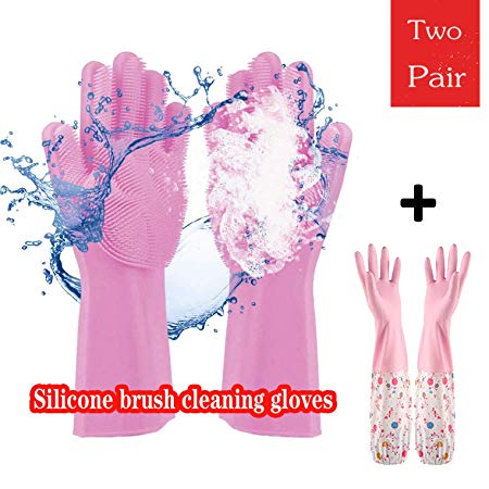 2 Pair of Rubber Scrubbing Gloves for Dishes, BLAUE Reusable Silicone Dishwashing Gloves, Wash Cleaning Gloves with Sponge Scrubbers for Washing Kitchen, Bathroom, Car & More