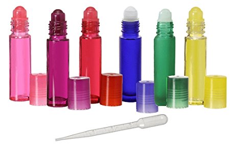 6 Aromatherapy Glass Roll On Bottles 10ml, Rainbow Assorted Colors (Asst #2)by Grand Parfums -Set of 6 Colored Rollon Perfume Bottles - .33 Oz