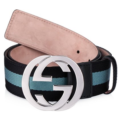 Gucci Silver Interlocking GG Logo Teal Blue Web Unisex Leather Belt