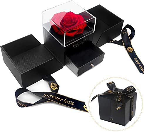 E-MANIS Handmade Preserved Rose Jewelry Gift Box Real Eternal Red Roses Enchanted Flower Gift for Girlfriend Mother Wife on Anniversary Valentine's Day Mother's Day Christmas Day Thanksgiving Day