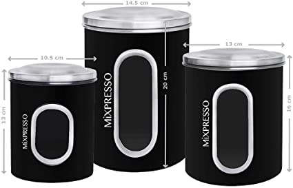 MiXPRESSO 3 Piece Black Canisters Sets for The Kitchen, with See Through Window | Airtight Coffee Container, Tea Organizer, and Sugar Canister