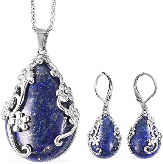 Shop LC Delivering Joy Lapis Lazuli White Crystal Lever Back Flower Earrings Pendant with Necklace Fashion Jewelry Set for Women 20"