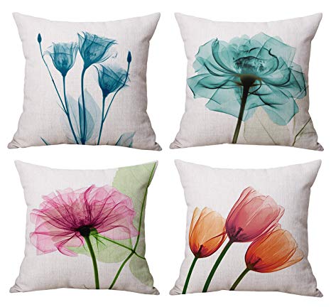 Geepro 18 x 18 inch Floral Decorative Throw Pillow Cover Flower Sofa Cushion Covers Set of 4 (Blue)