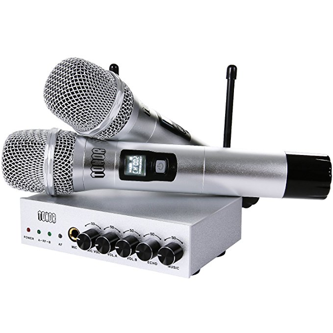 TONOR UHF Wireless Microphone System with Bluetooth Receiver 80ft, Metal Cordless Mic Kit, Connect to Amplifier or Speaker for Karaoke, Church, Weddings, Outdoor Activity, Conference, Silver