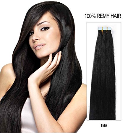 20 Inch Straihgt Tape Hair Extensions Double Side Tape In Remy Human Hair Extensions Full Head 20pcs 20 Colors (#1B) Off Black