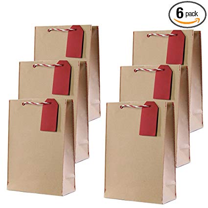 UNIQOOO 6Pcs Classic Brown Kraft Paper Gift Bags Bulk, Medium 13''x 9 x4 ½’’, Red Gift Warp Note Tag Matched White Paper Handles,100% Recyclable,Shopping Retail Bags,Party Favor Goodie Bags,Craft Bag,