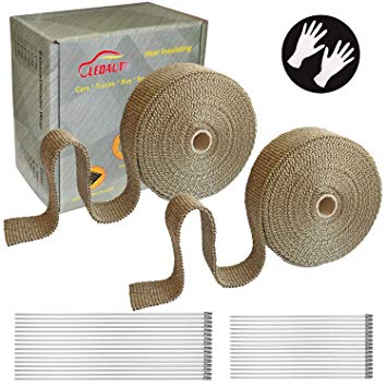 LEDAUT 2 Roll 2" x 50' Titanium Exhaust Heat Wrap Roll for Motorcycle Fiberglass Heat Shield Tape with Stainless Ties