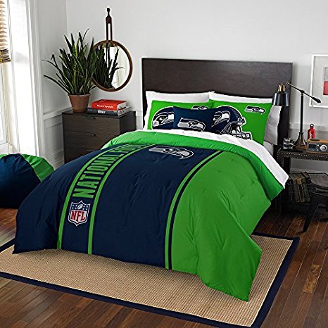 Northwest 3 Piece NFL Seattle Seahawks Full Comforter Set Football Team Logo Silhouette Stripe Bedding