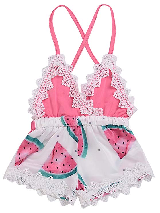 Summer Toddler Baby Girl Clothes Cute Watermelon Print Lace Trim Backless Romper Shorts Jumpsuit