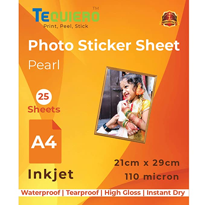 TeQuiero Photo Inkjet Sticker Paper Glossy Waterproof Sheets Pearl Self Adhesive A4 Size Vinyl Photo Paper (Inkjet) - 25 Sheets