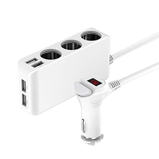 Fone-Stuff 3 Socket Cigarette Lighter Adaptor 6.8A, 4 Port USB Car Charger Adapter Power Splitter DC Output 12V/24V, Multi-Functional Car Charger for iPhone iPad Android Phones, GPS, Dash Cam, White