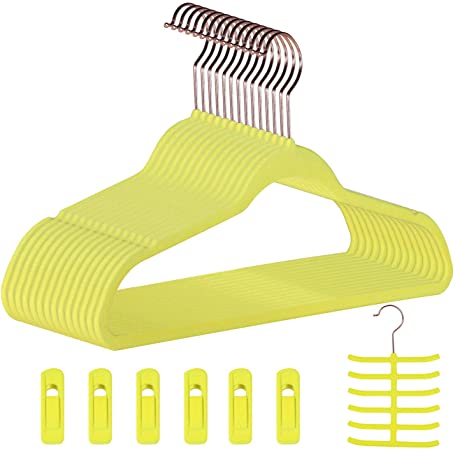 VECELO Premium Velvet Hangers (Pack of 30) Heavyduty - Non Slip - Velvet Suit Hangers - Rose Gold Hooks,Space Saving Clothes Hangers with 6 Finger Clips and Tie Rack-Yellow