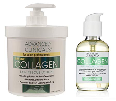 Advanced Clinicals Anti-Aging Collagen Cream and Collagen Body Oil Set. Large 16oz cream for face and body and 4oz body oil helps firm and tighten skin.