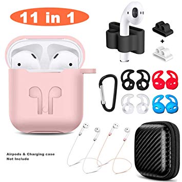 Airpods Case, Airpods Accessories Kit,11 in 1 Protective Silicone Cover and Skin Compatible Apple Airpods with Anti-Lost Airpods Strap,Airpods Ear Hook/Watch Band Holder/Keychain/Headset Box/ (Pink)