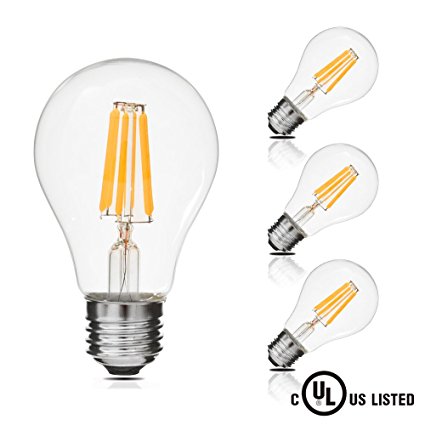 LED Filament Bulb E26 6W, A19 Edison Style, 60W Incandescent Bulb Equivalent, Warm White (2700K), Non-Dimmable, Eco-friendly and Energy saving, Pack of 3 Units