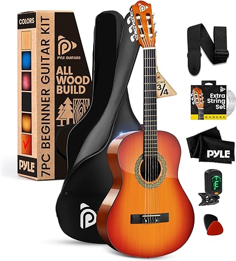 Pyle Beginner Acoustic Guitar Kit, 3/4 Junior Size All Wood Instrument for Kids, Adults, 36" Cherry Sunburst