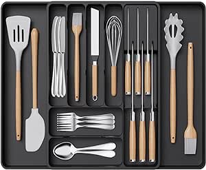 Lifewit Cutlery Drawer Organiser for Kitchen, Expandable Cutlery Tray for Spoons Forks Knives, Adjustable Utensil and Silverware Holder, Plastic Flatware Storage Insert, Large, Black